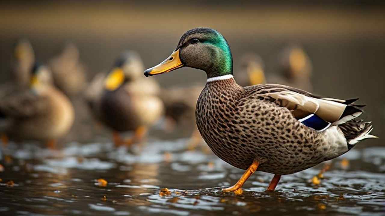 Mallard drake and hen setting their wings over a flooded Oklahoma wetland at first light during the duck season