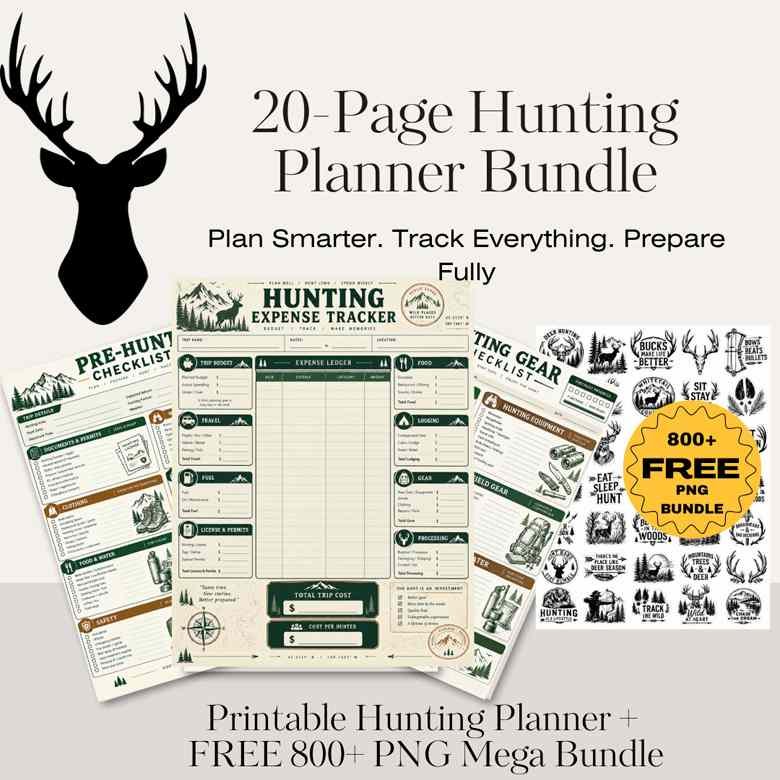 Ultimate Hunting Planner Bundle with 20 printable hunting templates and 800 plus hunting PNG graphics